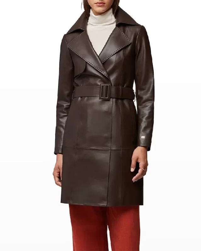 Women's Brown Sheepskin Leather Belted Trench Coat