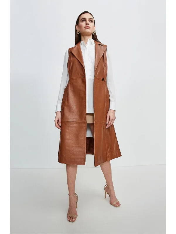 Women’s Sleeveless Tan Brown Sheepskin Leather Trench Coat